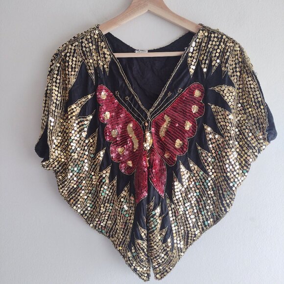 Vintage Butterfly Silk Blouse S M L Gold Red Sequin Fun Disco Going Out Top - Picture 9 of 9